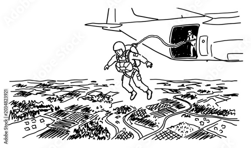 Bild auf Leinwand Paratrooper jumping from airplane over countryside landscape in hand drawn sketc