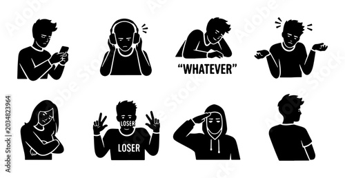 Canvastavla Modern Silhouette Icons: Teenager Emotions, Gestures, and Attitudes, Vector Set