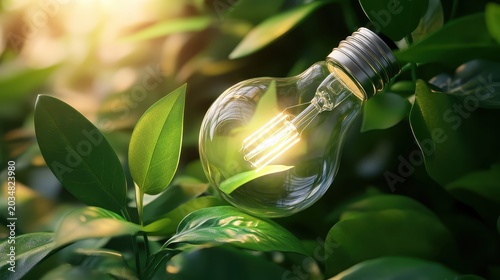 A clear lightbulb glowing with internal green leaves, nestled among lush foliage in sunlight, symbolizing eco-friendly innovation and sustainable energy.