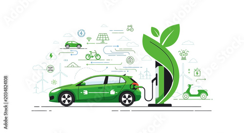Green electric car charging at eco-friendly station, sustainable energy concept
