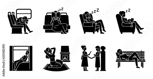 Canvastavla Vector Icons: Diverse Sleep and Relaxation Scenarios, Human Figures Resting, Com