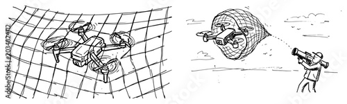 Foto Drone capture scenes showing a quadcopter caught in a net in hand drawn sketch s