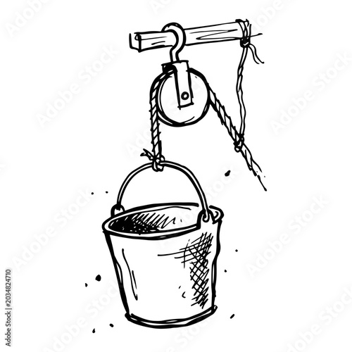Foto Bucket hanging on pulley with rope in simple doodle line art style