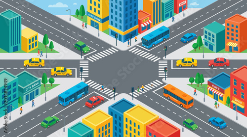 Busy intersection in colorful isometric city with vehicles, pedestrians and buildings.