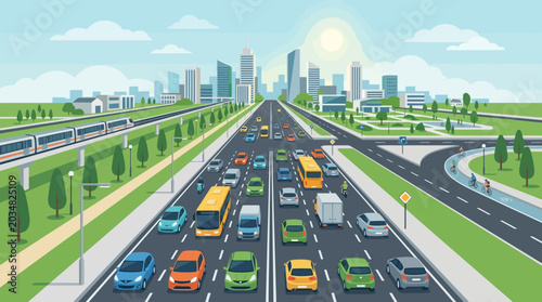 Busy urban highway with traffic, skyscrapers, and public transport