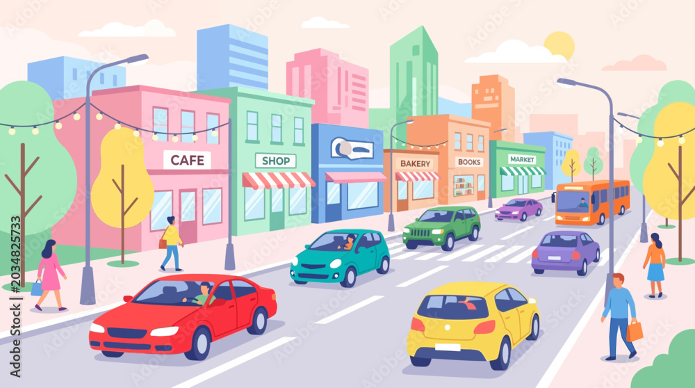 Fototapeta premium Busy city street scene with colorful cars, buildings, and pedestrians