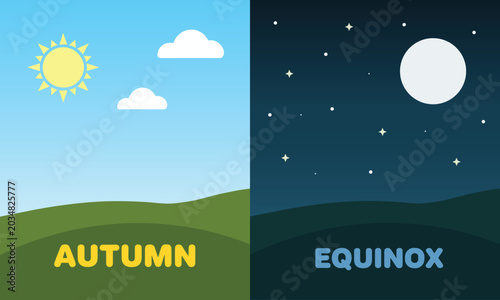 Tableau sur toile Peaceful flat vector illustration of the autumn equinox depicting a balance between sunny day and starry night over green hills