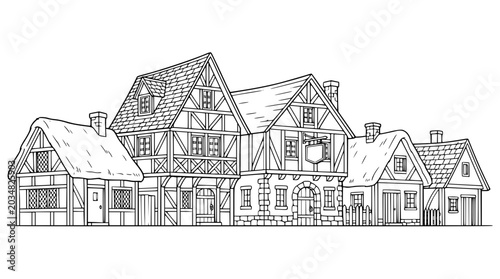 Medieval Village Street with Timber Framed Houses Line Art Illustration