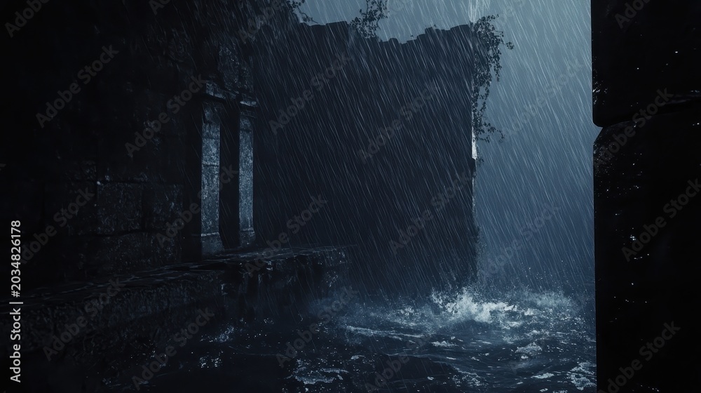 Fototapeta premium Dramatic coastal storm with heavy rain and powerful crashing waves against ancient structures