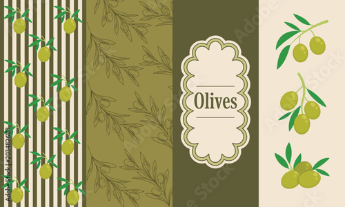 Slika na platnu Set of elegant green olive themed graphic design banners for organic oil packaging with fresh patterns and flat lighting