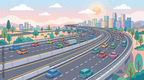 Busy highway traffic and cityscape at sunset | Transportation and urban life