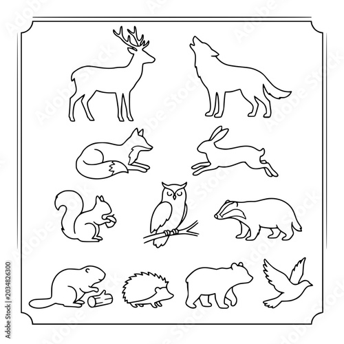 Woodland animal line art icons set with deer wolf fox and owl