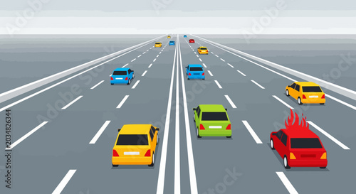 Cartoon Highway Traffic with Fiery Car, Vector Illustration