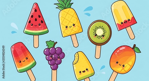 Colorful cartoon fruits and vegetables illustration set.