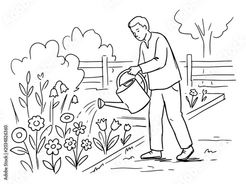 Obraz na płótnie Man watering flowers in the garden using a watering can in line art style