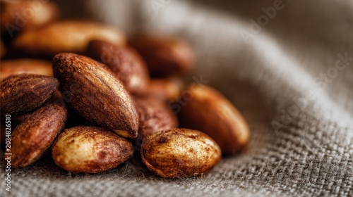 Macro shot of roasted almonds with their skins on a textured fabric surface nuts food
