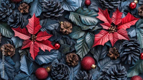 Festive Christmas Decorations Featuring Red Poinsettias, Pinecones, and Glittering Ornaments