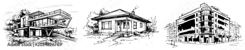 Modern cantilevered villa and large urban buildings set in hand drawn sketch style