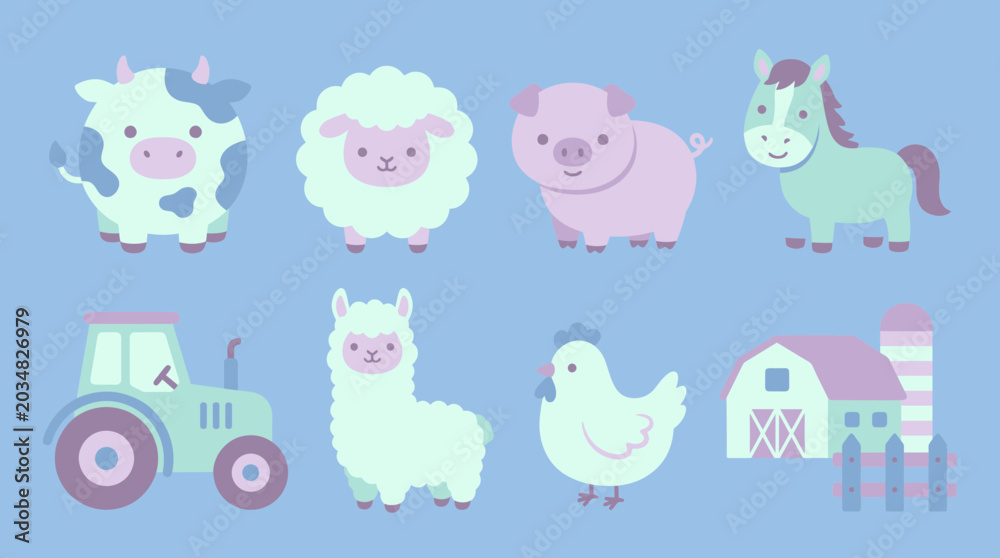 Naklejka premium Collection of cute pastel farm animals with tractor barn and fence illustration set on blue background, symbolizing educational materials for children, provides adorable nursery decor