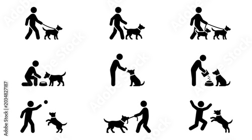 Set of human and dog pictograms illustrating various pet care activities like walking feeding and playing on white background, illustrating pet ownership, provides educational care guides