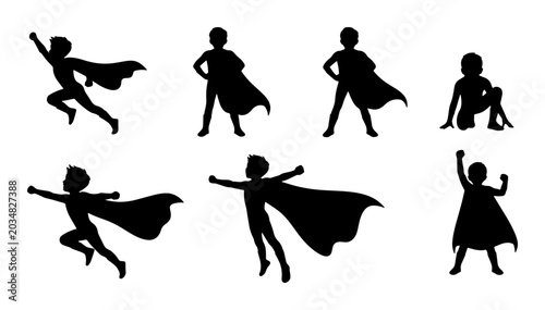 Superhero Silhouettes Collection, Kid Heroes in Action Poses, Dynamic Vector Icons for Children's Themes, Power and Courage Concepts