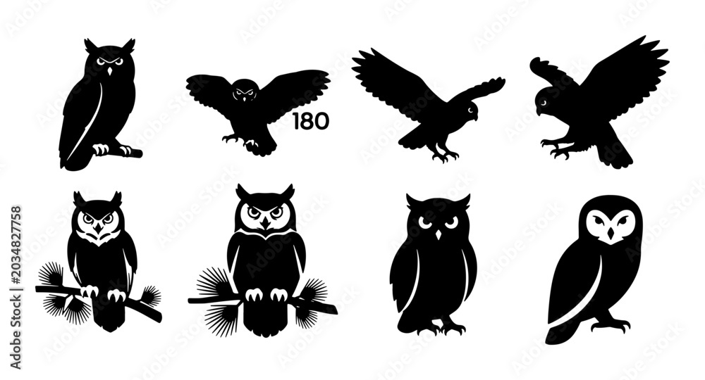 Obraz premium Black Owl Silhouettes Vector Set, Nocturnal Bird Icons, Wildlife Graphics, Flying and Perching Owl Poses, 8 Elements Collection