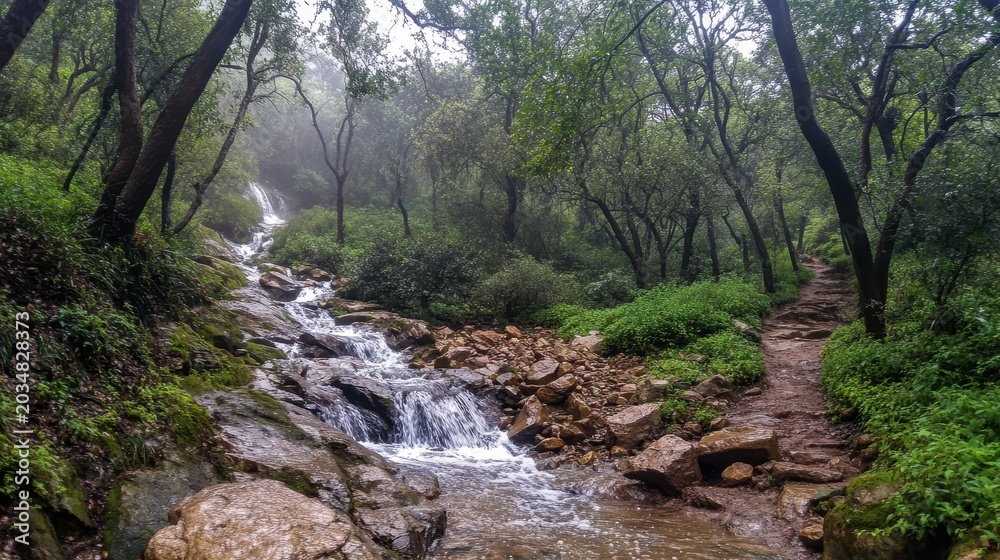 Fototapeta premium Lush forest waterfall cascading over rocky terrain with a winding trail through green trees and mist