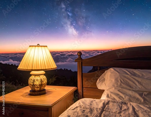 A serene bedroom with a nightstand and lamp overlooking a starry sky