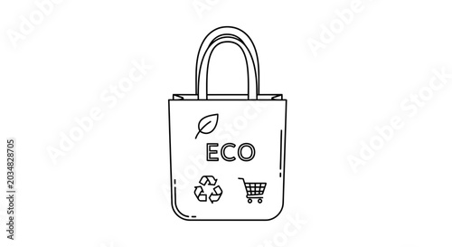 Eco friendly shopping bag with recycling symbol and shopping cart icon, line art illustration