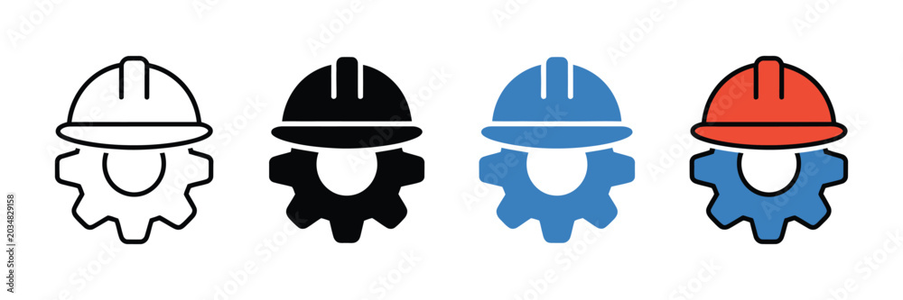 Fototapeta premium Construction hard hat and gear icon set, engineering and industrial safety symbol vector illustration