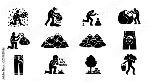 Tableau sur toile Collection of 12 Black and White Pictograms Illustrating Mining, Geology, and Re