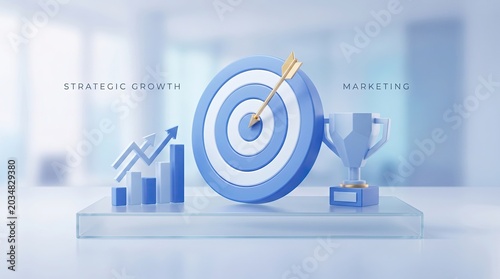 Strategic growth marketing concept with target, trophy, and graphs on a podium