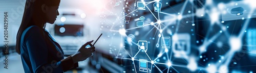 A logistics manager's silhouette stands out against a digital network of interconnected devices and automated systems, symbolizing the future of supply chain management. The image offers ample