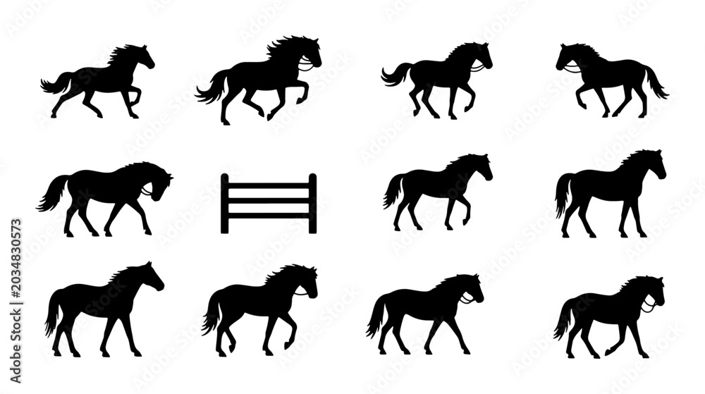 Obraz premium Horse Silhouettes Collection, Equestrian Vector Icons Set, Galloping and Standing Equine Poses, Black Animal Graphics for Sport and Lifestyle