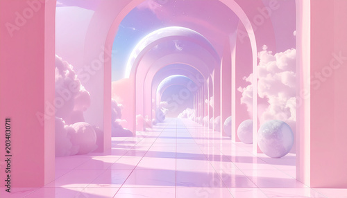 Dreamy pink arches leading to cloudy skies and serene atmosphere