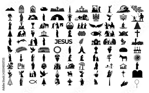 Foto christian religious icons and bible story silhouettes collection featuring nativ