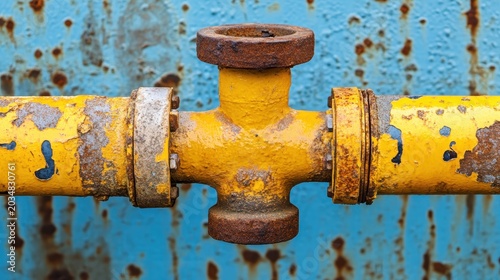 Weathered yellow industrial pipe joint with extensive rust against a textured blue background