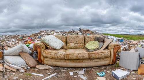 Worn Sofa Abandoned Amidst Debris in Landfill Under Overcast Sky