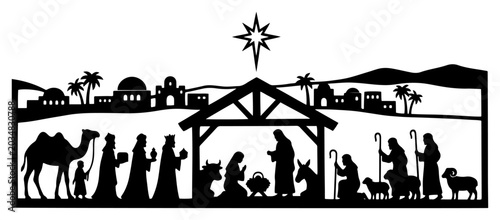 Fotografia Holy night nativity scene in Bethlehem with three kings and shepherds silhouette