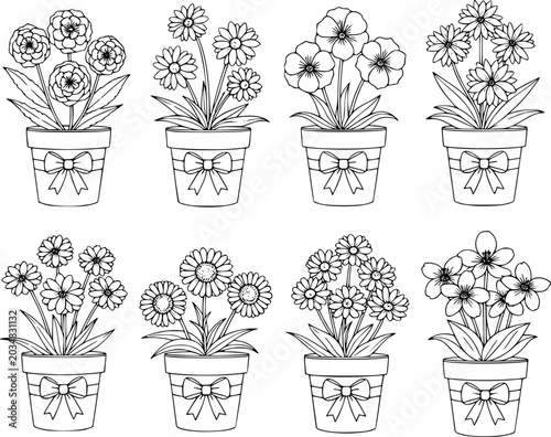 Εκτύπωση καμβά Collection of hand-drawn potted flowers with bows, outlined in black and white p