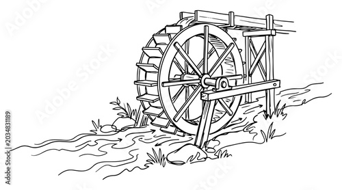 Obraz na plátně Antique wooden water wheel on river bank landscape sketch