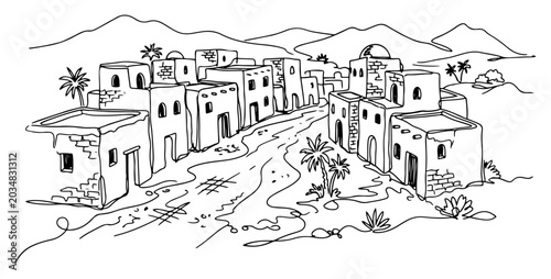Ancient desert village with traditional houses and mountains one line drawing style
