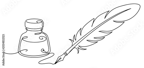 Cuadro en lienzo Feather quill pen and inkwell glass bottle one line drawing style