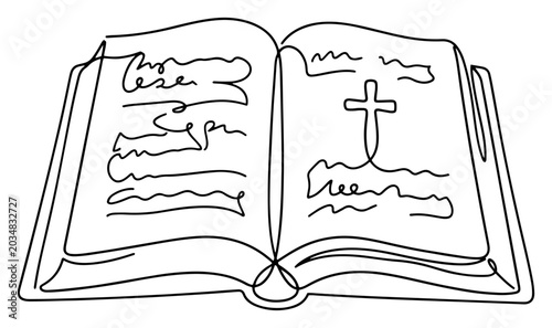Holy Bible open book with Christian cross symbol in continuous line drawing style