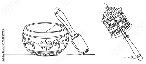 Photos Tibetan singing bowl with wooden mallet and prayer wheel in minimalist continuou