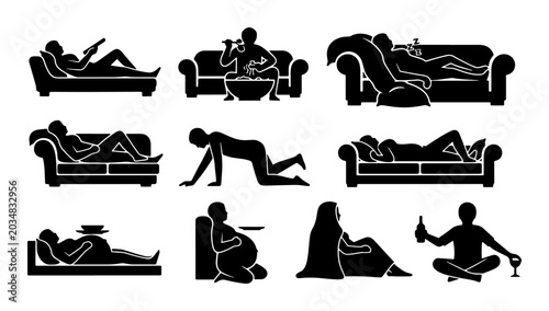Принти на полотні Relaxation and Leisure Poses Vector Icons Set, Diverse Human Activities and Life