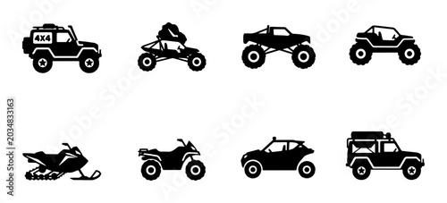 Konstfotografi Off-Road Vehicle Icons Set: ATVs, Snowmobiles, Buggies, and SUVs for Adventure a