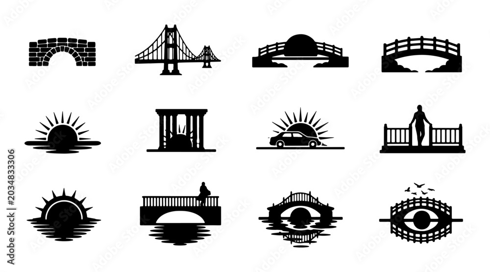 Obraz premium Diverse Bridge Icons Set, Architectural Structures Collection, Urban and Nature Crossing Symbols, Vector Graphics for Design