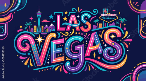 Las Vegas colorful illustration, vibrant city design for travel and entertainment.