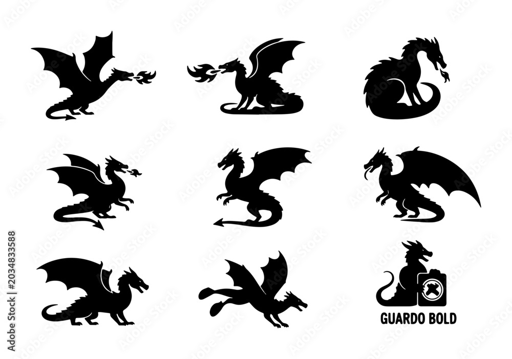 Fototapeta premium Mythical Dragon Silhouettes Collection, Fantasy Creature Vector Icons Set, Fire Breathing Beasts Graphic Elements, Legendary Monster Art